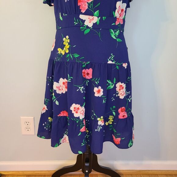 Eliza J Navy Blue Floral Mini Dress Women 14 Flutter Sleeve Fairy Cottagecore - Picture 8 of 15